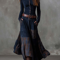 Aurelia | Long Dress with Plaid Panels and Belt in Navy