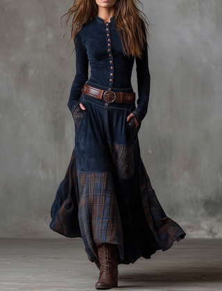Aurelia | Long Dress with Plaid Panels and Belt in Navy