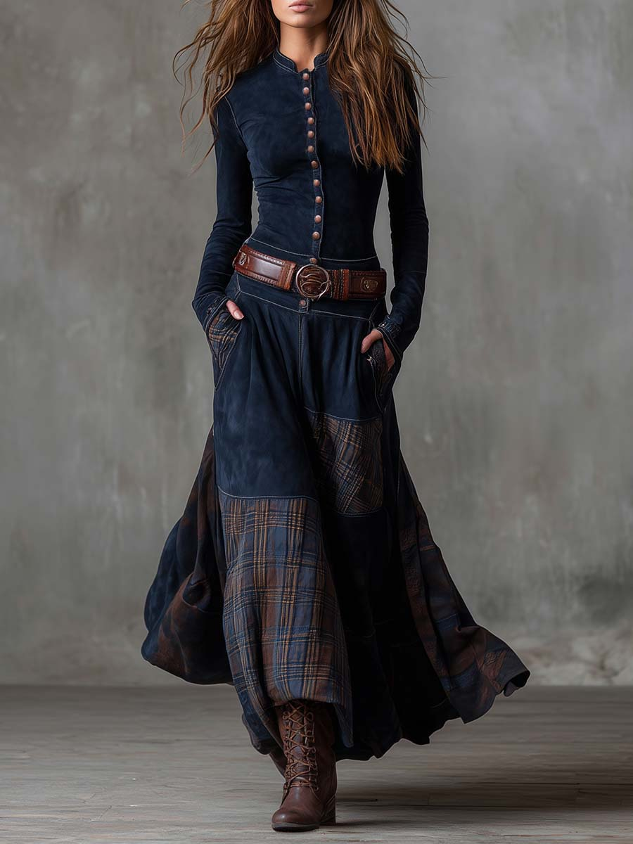 Aurelia | Long Dress with Plaid Panels and Belt in Navy
