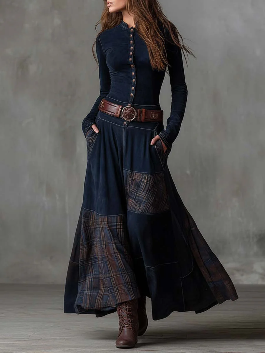 Aurelia | Long Dress with Plaid Panels and Belt