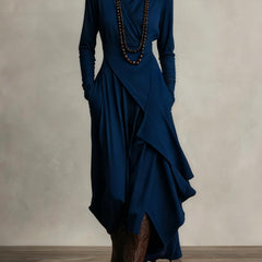 Prisca | Long Dress with High Neck and Asymmetric Drape in Navy