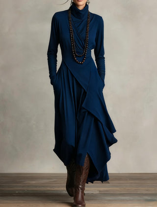Prisca | Long Dress with High Neck and Asymmetric Drape in Navy