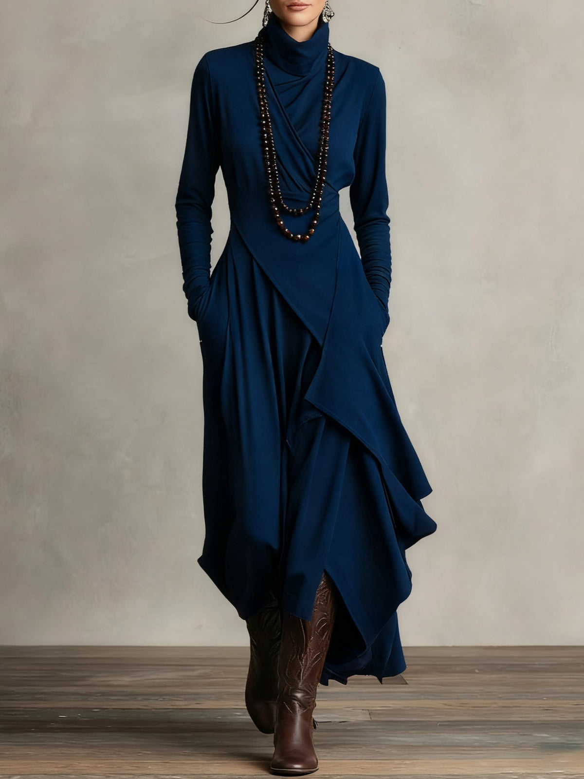 Prisca | Long Dress with High Neck and Asymmetric Drape in Navy