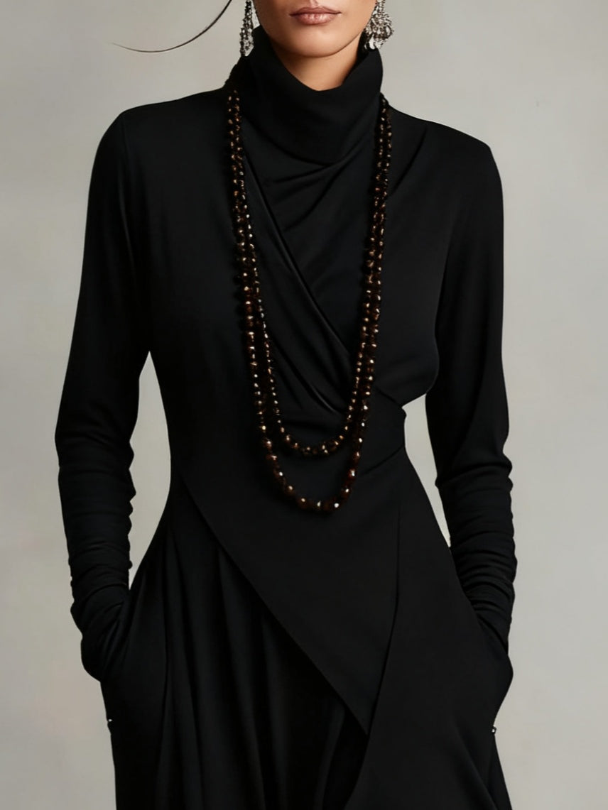 Prisca | Long Dress with High Neck and Asymmetric Drape