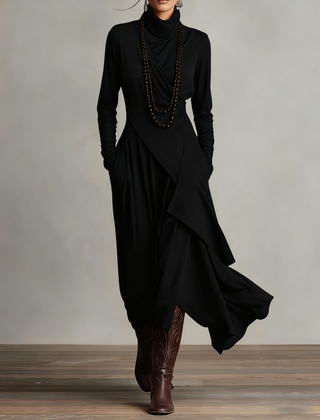 Prisca | Long Dress with High Neck and Asymmetric Drape in Black