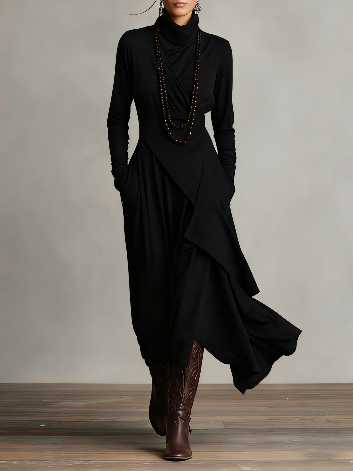 Prisca | Long Dress with High Neck and Asymmetric Drape in Black