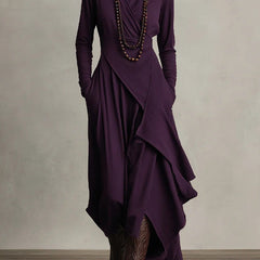 Prisca | Long Dress with High Neck and Asymmetric Drape in Plum