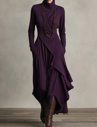 Prisca | Long Dress with High Neck and Asymmetric Drape in Plum
