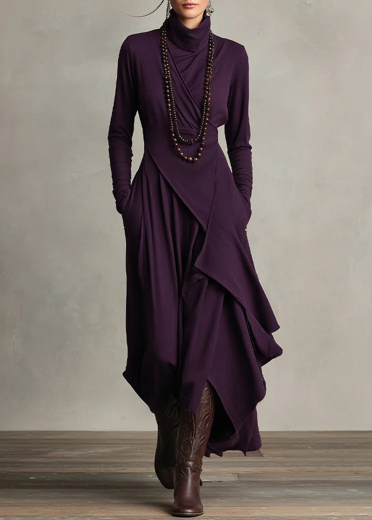 Prisca | Long Dress with High Neck and Asymmetric Drape in Plum
