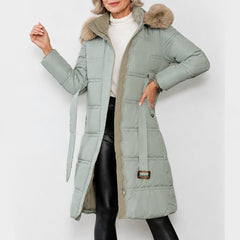 Solange long belted puffer coat in sage green