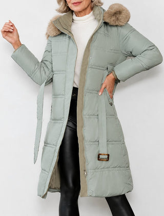 Solange long belted puffer coat in sage green