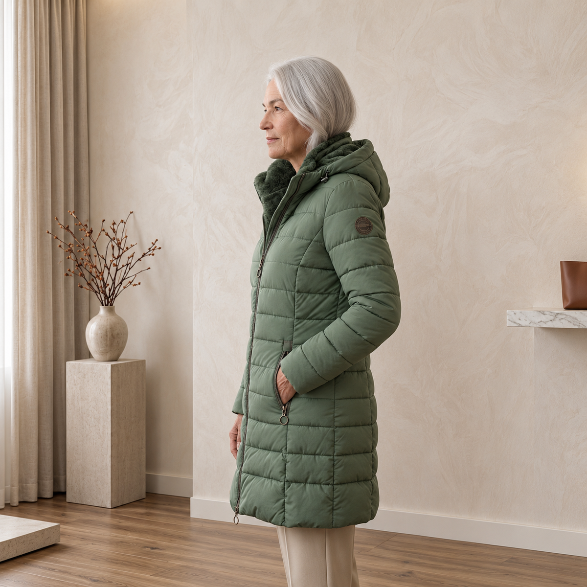 Anna hooded A-line winter coat in Dark Green