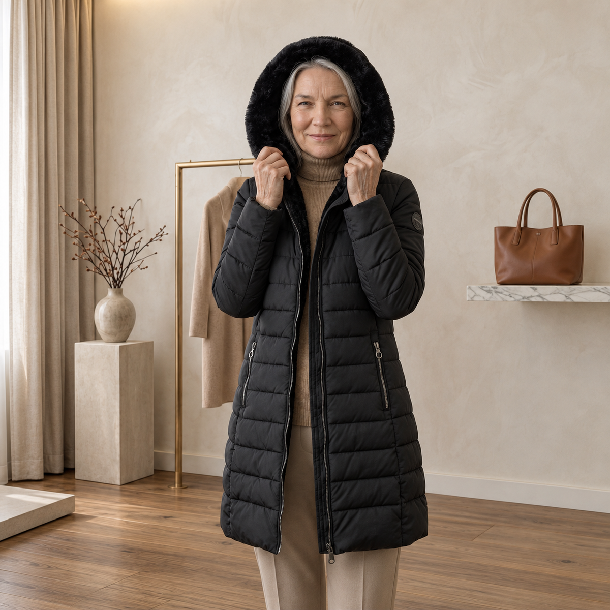 Anna hooded A-line winter coat in Black