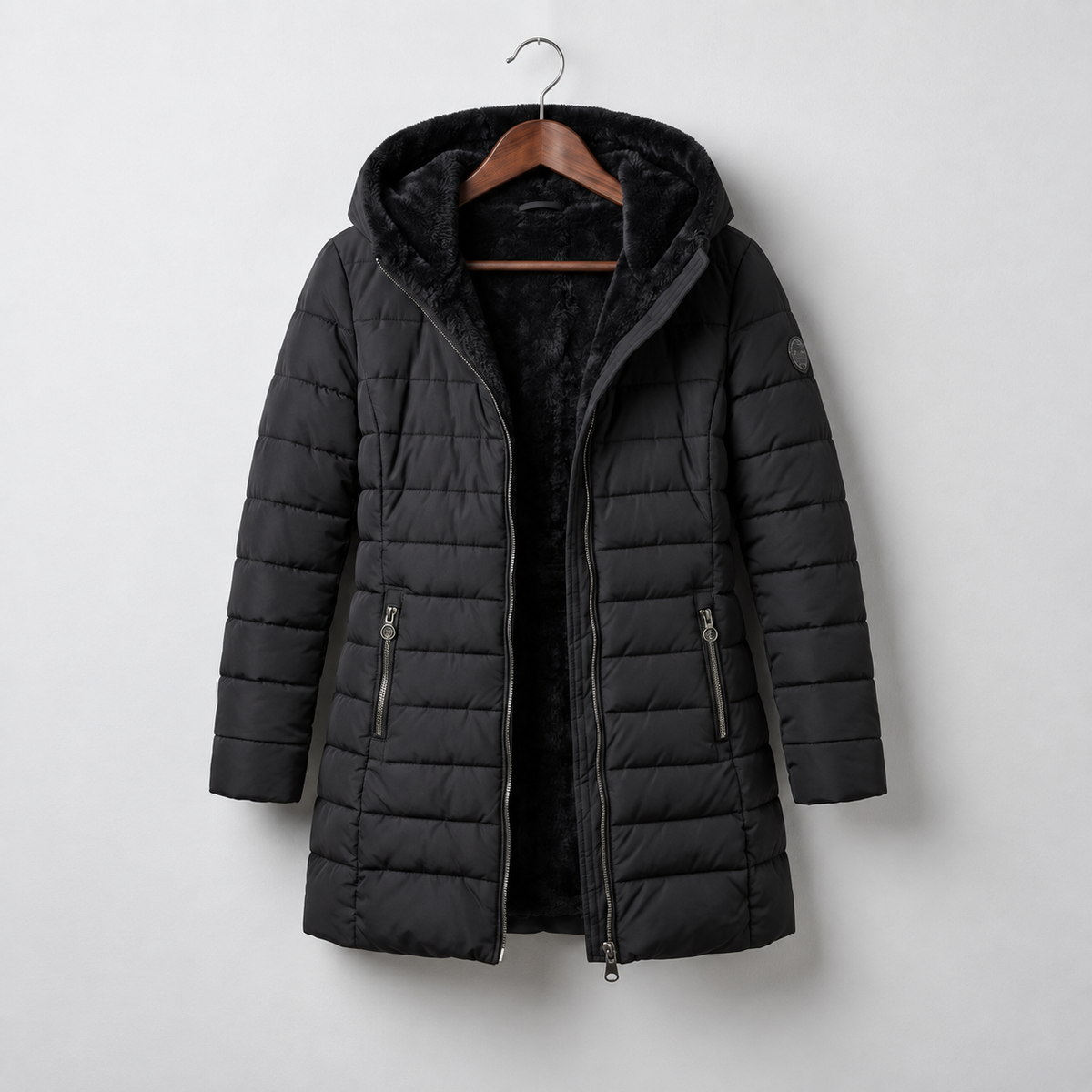 Anna hooded A-line winter coat in Black