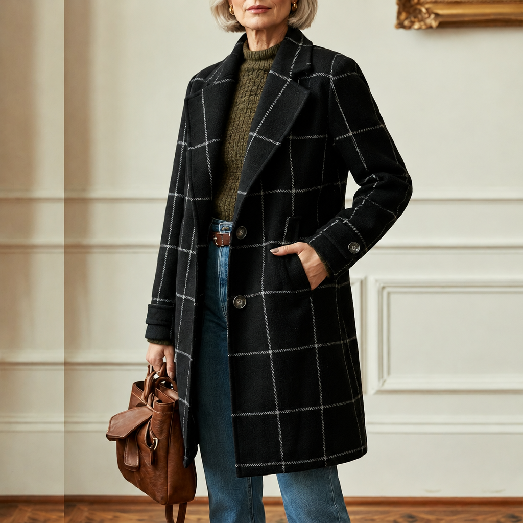 Cecile | Elegant Long Plaid Coat