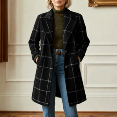 Cecile | Elegant Long Plaid Coat - Black