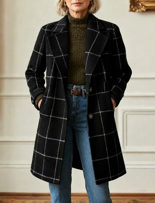 Cecile | Elegant Long Plaid Coat - Black