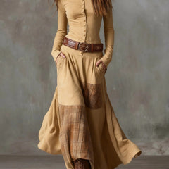 Aurelia | Long Dress with Plaid Panels and Belt in Camel
