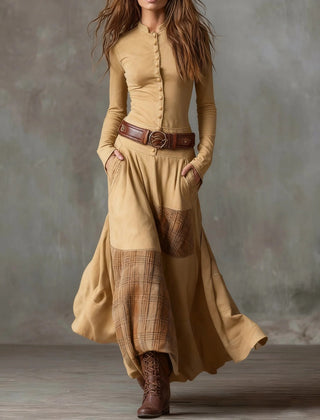 Aurelia | Long Dress with Plaid Panels and Belt in Camel