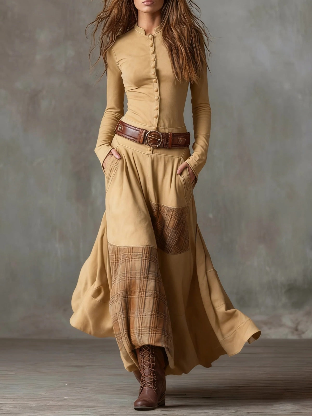 Aurelia | Long Dress with Plaid Panels and Belt in Camel