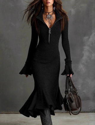 Irma | Zip-Collar Mermaid Midi Dress in Black