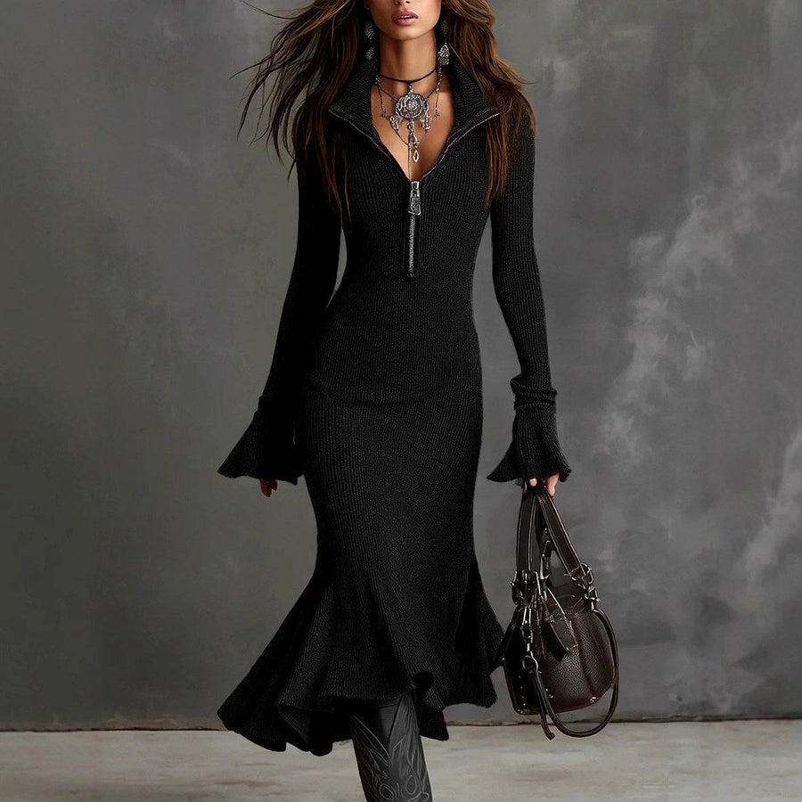 Irma | Zip-Collar Mermaid Midi Dress in Black