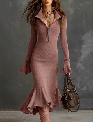 Cora | Zip-Collar Mermaid Midi Dress in Pink