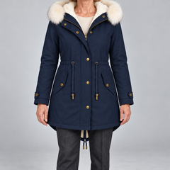 Arvelle winter coat in navy, front view