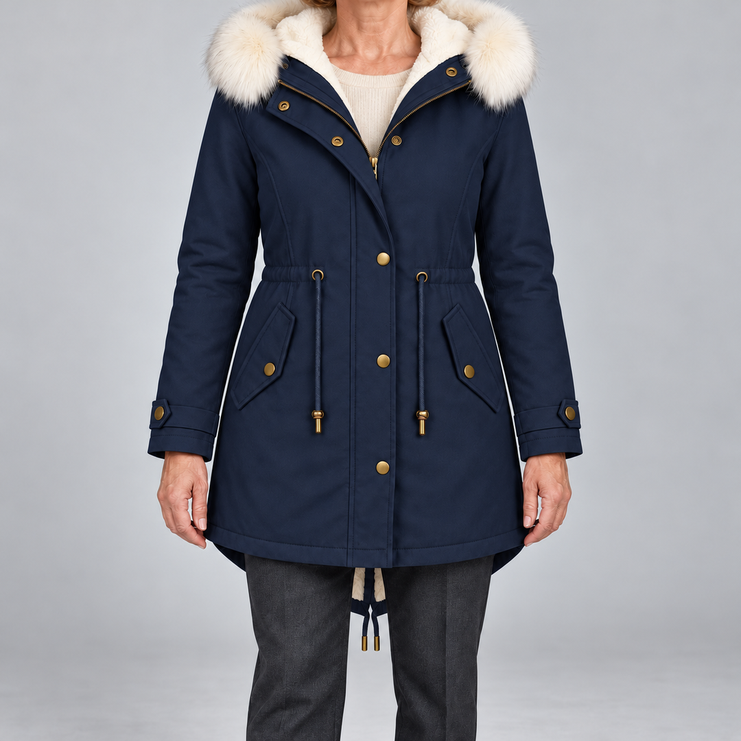 Arvelle winter coat in navy, front view