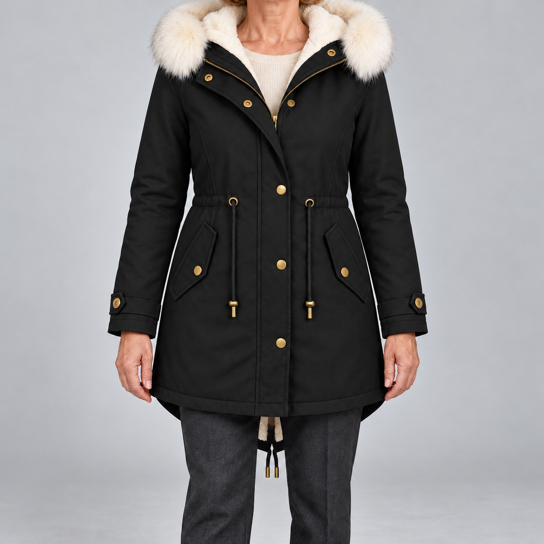 Arvelle winter coat in black, front view