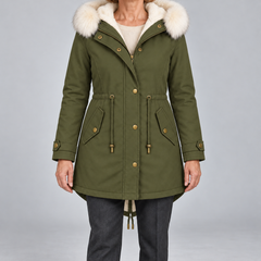 Arvelle winter coat in olive green, front view