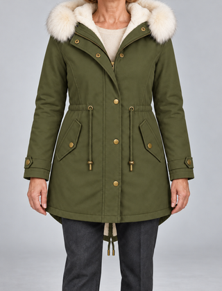 Arvelle winter coat in olive green, front view
