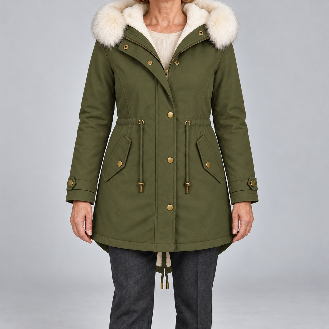 Arvelle winter coat in olive green, front view