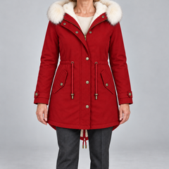 Arvelle winter coat in red, front view
