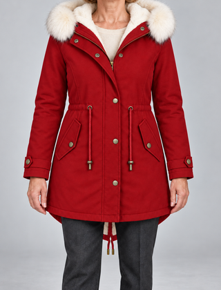 Arvelle winter coat in red, front view