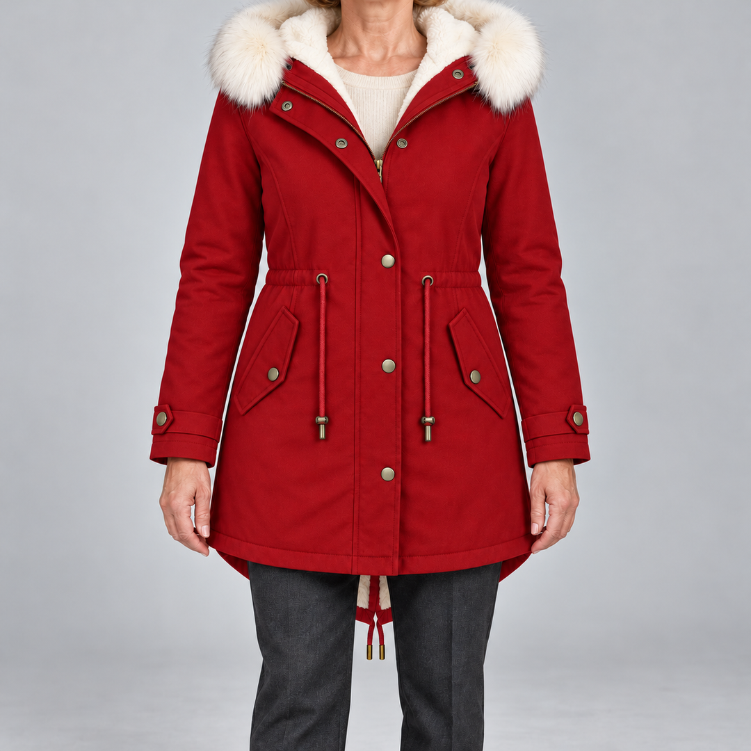 Arvelle winter coat in red, front view