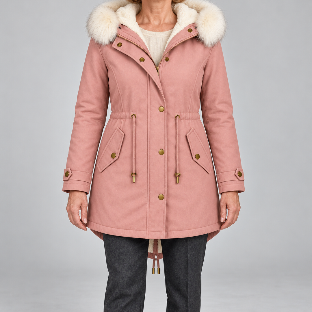 Arvelle winter coat in pink, front view