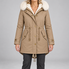 Arvelle winter coat in beige, front view