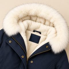 Arvelle winter coat in navy, close-up of the cozy hood