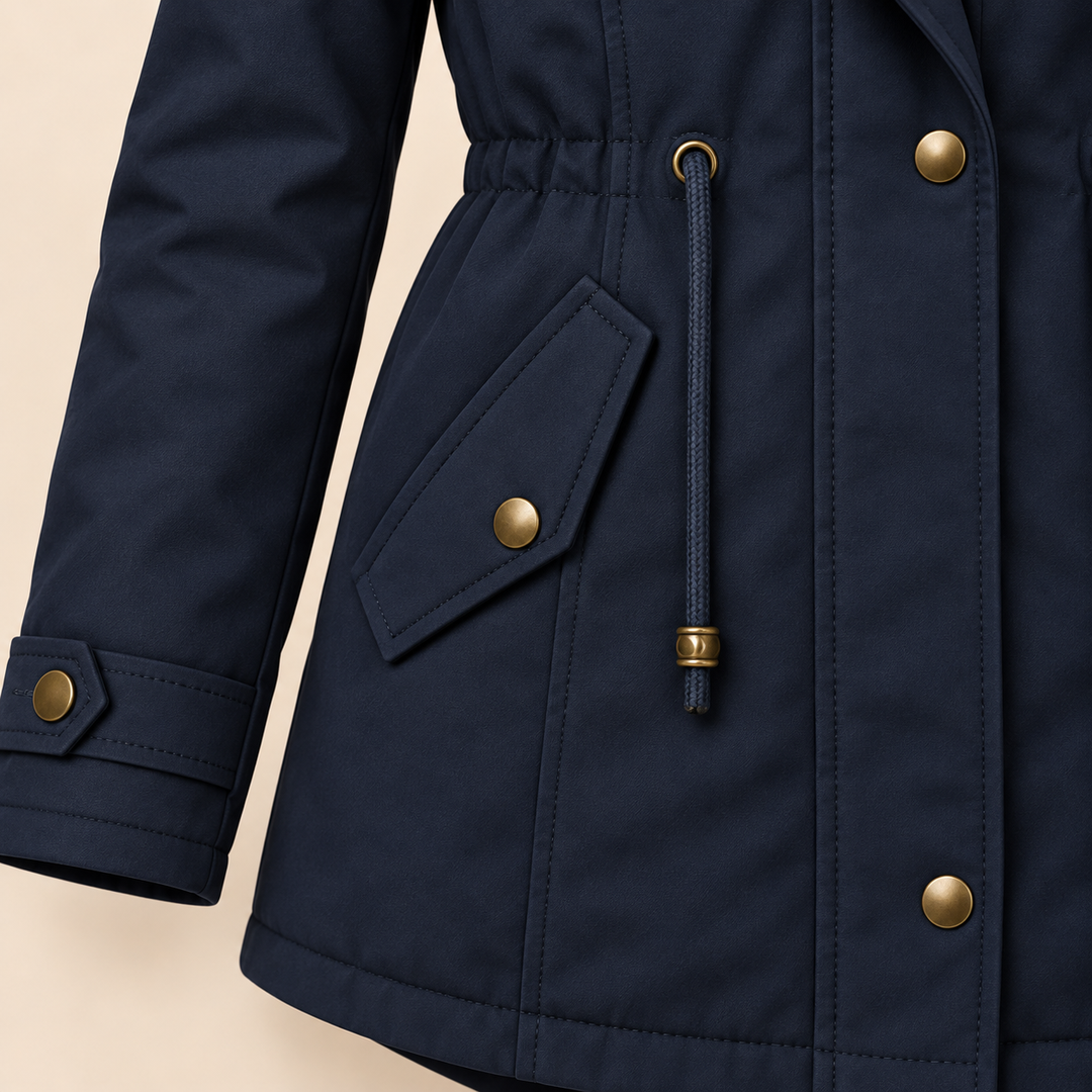 Arvelle winter coat in navy, pocket and drawstring waist