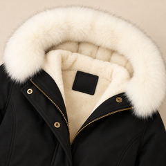 Arvelle winter coat in black, close-up of the cozy hood