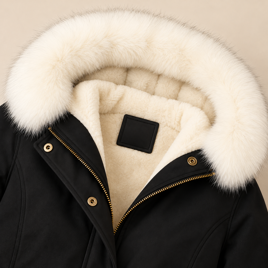 Arvelle winter coat in black, close-up of the cozy hood