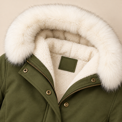 Arvelle winter coat in olive green, close-up of the cozy hood