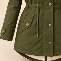 Arvelle winter coat in olive green, pocket and longer back