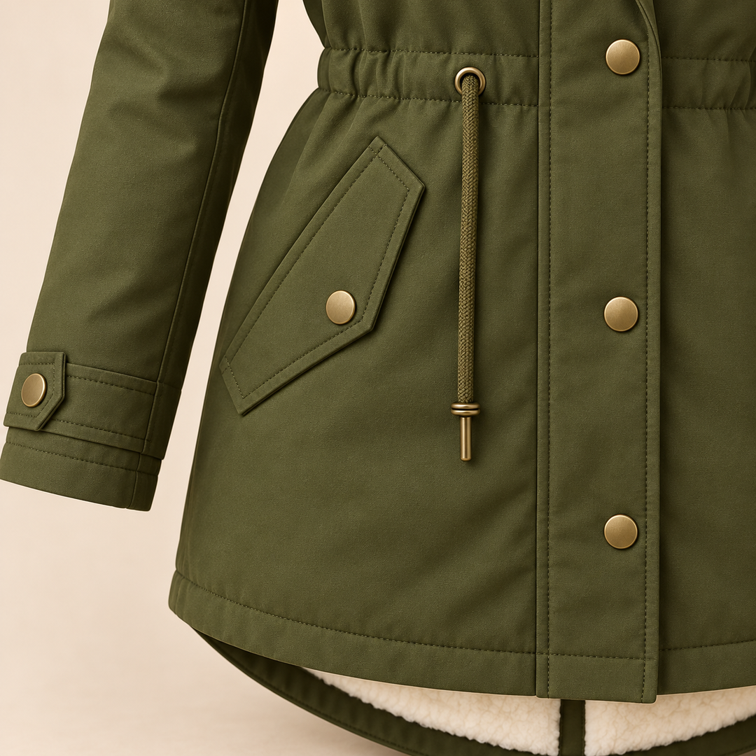Arvelle winter coat in olive green, pocket and longer back