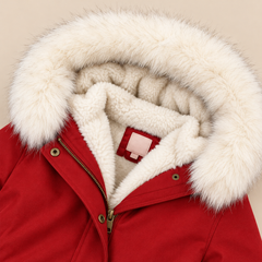 Arvelle winter coat in red, close-up of the cozy hood