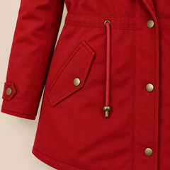 Arvelle winter coat in red, pocket and drawstring waist