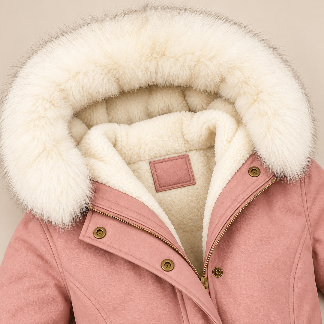 Arvelle winter coat in pink, close-up of the cozy hood
