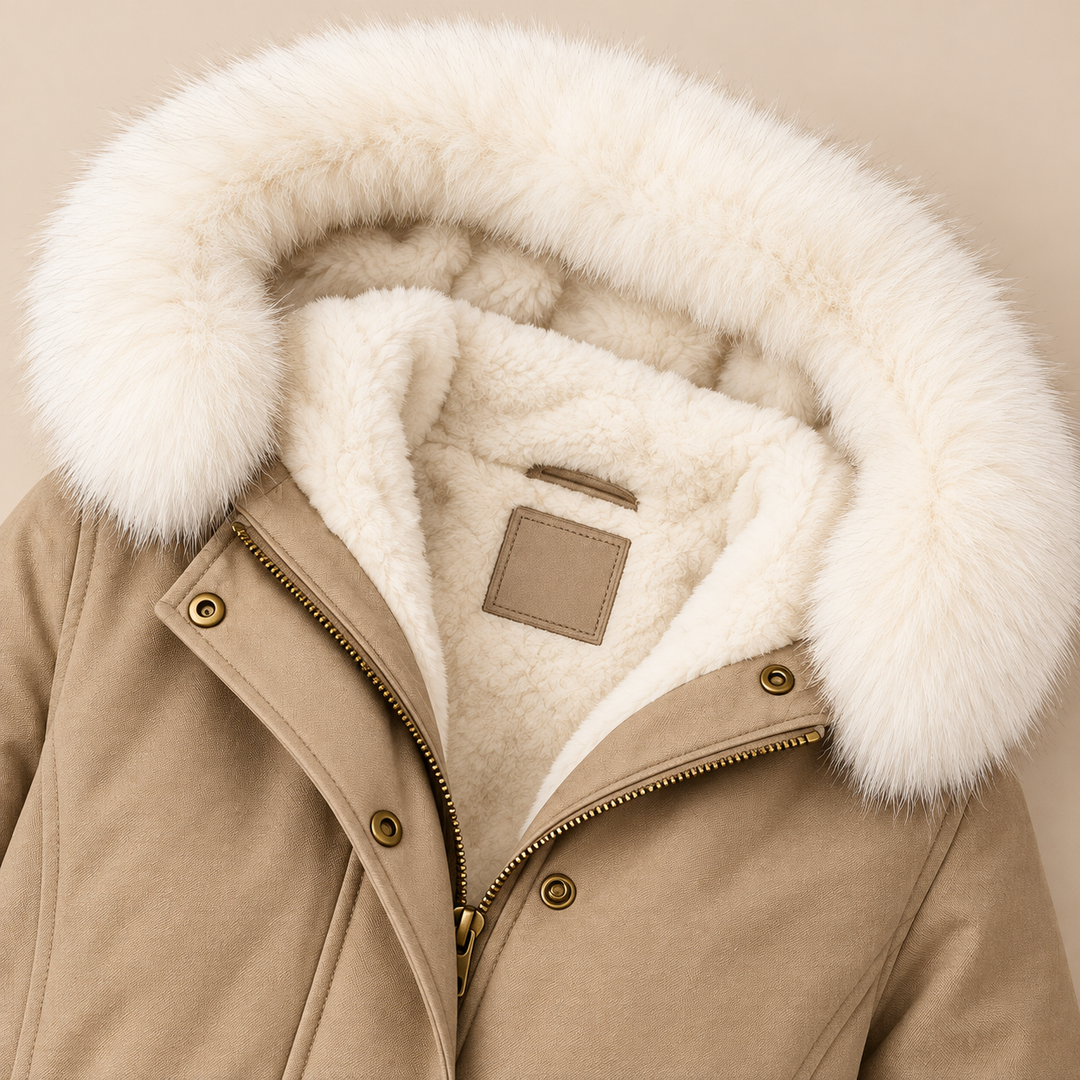 Arvelle winter coat in beige, close-up of the cozy hood