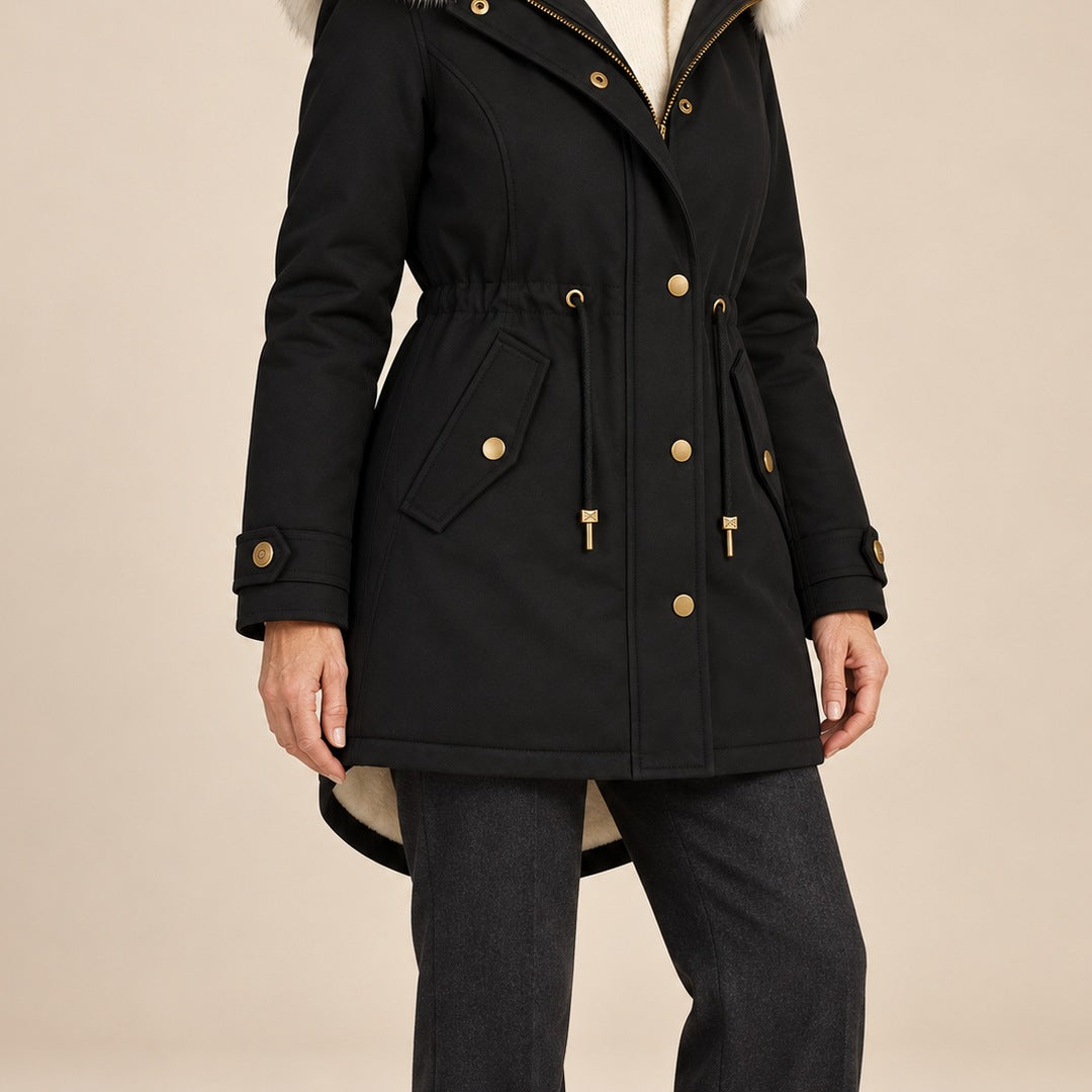 Arvelle winter coat in black, worn with gray pants